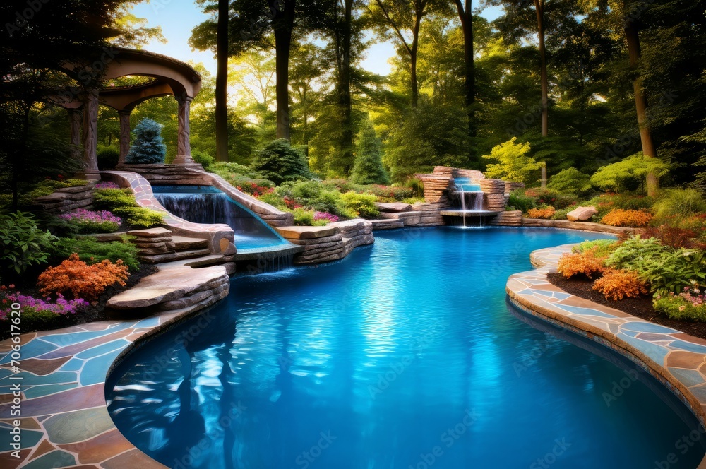 Mesmerizing majestic tropical swim pool. Hotel exterior. Generate Ai