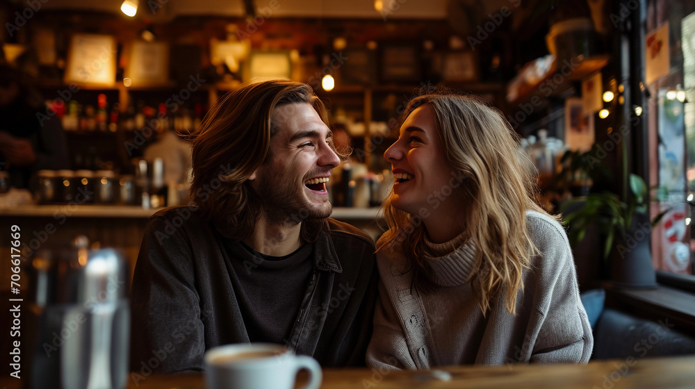 couple in smart casual outfits, laughing in a coffee shop, ambient warm indoor lighting couple in smart casual outfits, laughing in a coffee shop, ambient warm indoor lighting