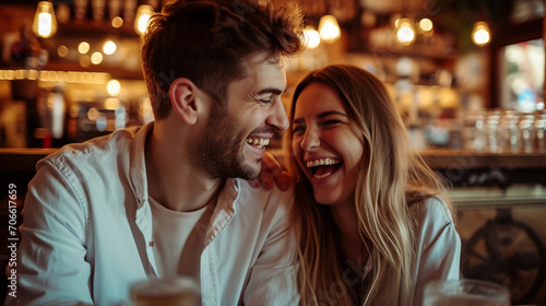 couple in smart casual outfits, laughing in a coffee shop, ambient warm indoor lighting