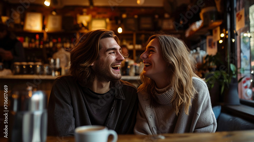 couple in smart casual outfits, laughing in a coffee shop, ambient warm indoor lighting