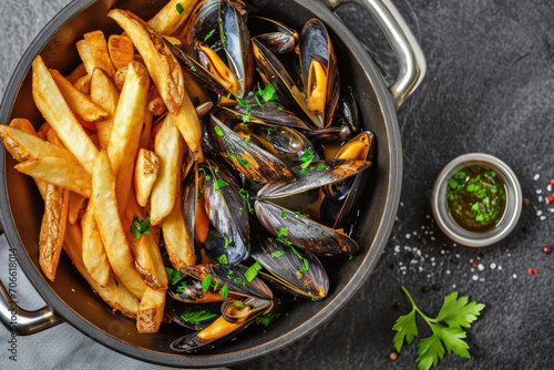 A pot of moules frites, a classic Belgian dish pairing succulent mussels with crispy fries