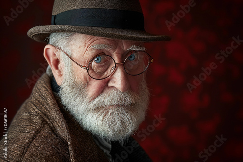 Sophisticated elderly gentleman, three-quarter portrait, crisp focus, twinkling blue eyes, neatly trimmed white beard