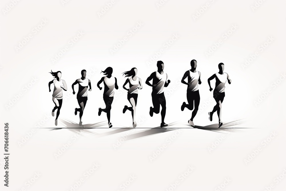 group of runners running together in black and white
