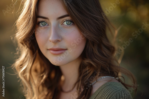 young woman, soft-focus background, emerald green eyes, subtle smile