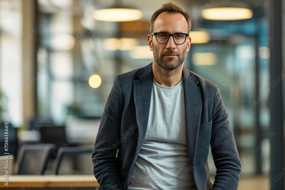 Obraz premium Casual business portrait, individual in a smart blazer and t-shirt