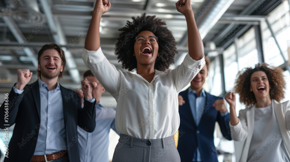 Joyful office workers are celebrating a success with their hands raised in the air and big smiles on their faces in a bright, modern office space. Joyful office workers are celebrating a success with their hands raised in the air and big smiles on their faces in a bright, modern office space.