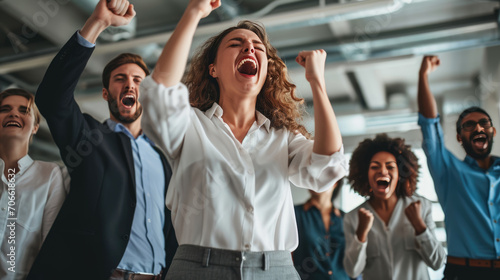 Joyful office workers are celebrating a success with their hands raised in the air and big smiles on their faces in a bright, modern office space.