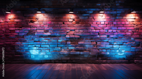 Neon light on brick wall. Brick walls . Modern futuristic neon lights on old grunge