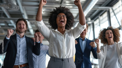 Joyful office workers are celebrating a success with their hands raised in the air and big smiles on their faces in a bright, modern office space.