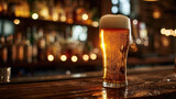 Full glass of beer with frothy head placed on a wooden bar top, with a blurred background featuring bottles.