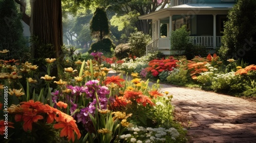 Beautiful Garden With Flowers and House in the Background