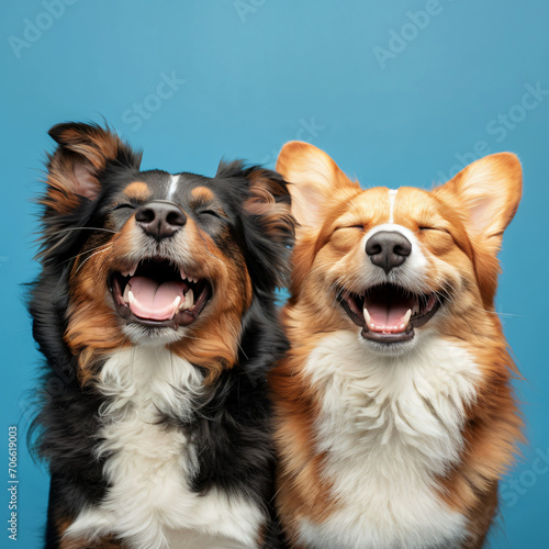 Canine Bliss  Happy Dogs Posing Against a Blue Backdrop - Generative AI