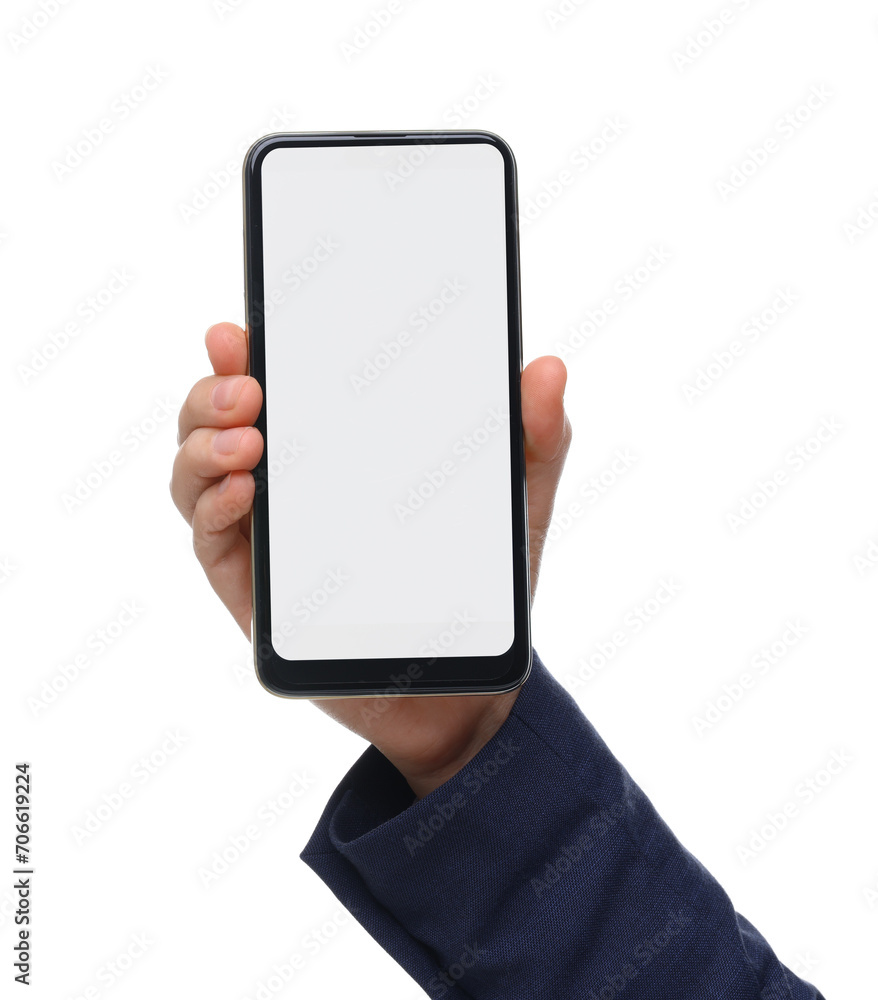 Woman holding smartphone with blank screen on white background, closeup. Mockup for design Woman holding smartphone with blank screen on white background, closeup. Mockup for design
