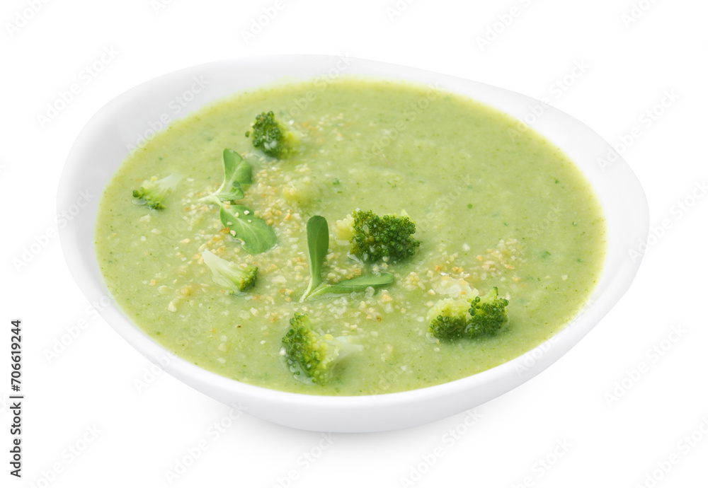 Delicious broccoli cream soup isolated on white Delicious broccoli cream soup isolated on white