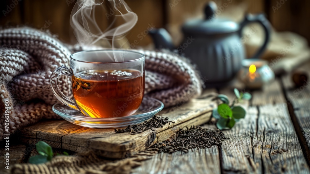 steaming cup of Earl Grey tea sits on a rustic wooden table, surrounded by loose tea leaves, a vintage teapot, and a cozy knitted blanket steaming cup of Earl Grey tea sits on a rustic wooden table, surrounded by loose tea leaves, a vintage teapot, and a cozy knitted blanket
