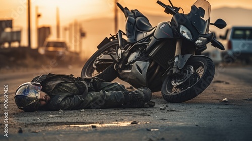 a motorcyclist on the road and his motorbike crashes laid next to him photo