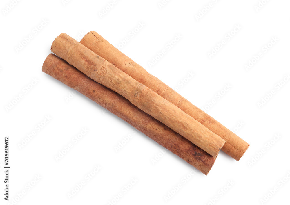 Aromatic cinnamon sticks isolated on white, top view Aromatic cinnamon sticks isolated on white, top view