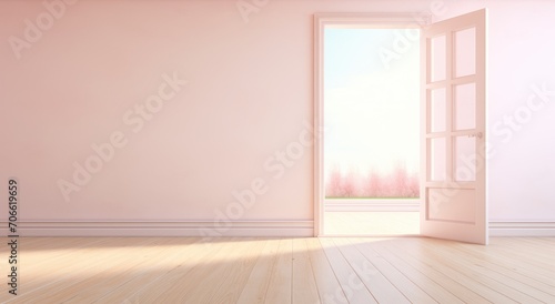 A Spacious Empty Room With an Open Door and a Pink Wall
