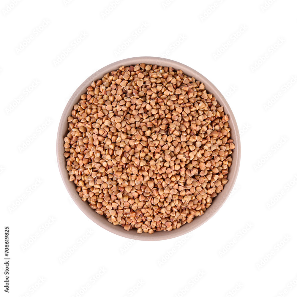 Raw buckwheat in bowl isolated on white, top view Raw buckwheat in bowl isolated on white, top view