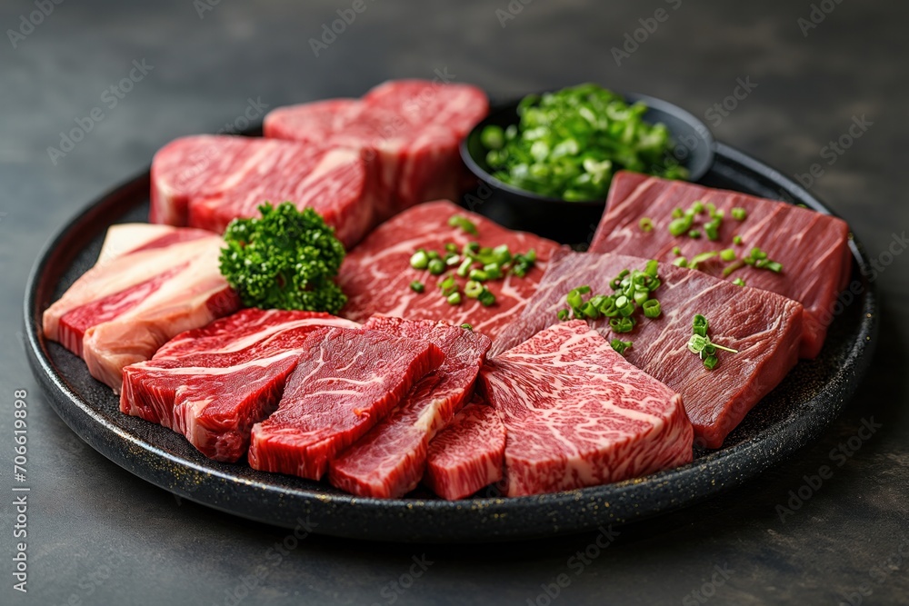 Black plate with beef cuts Black plate with beef cuts