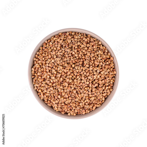 Raw buckwheat in bowl isolated on white, top view