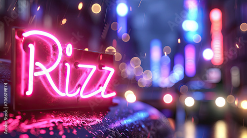Rizz written in pink neon sign, Gen Z slang for charisma