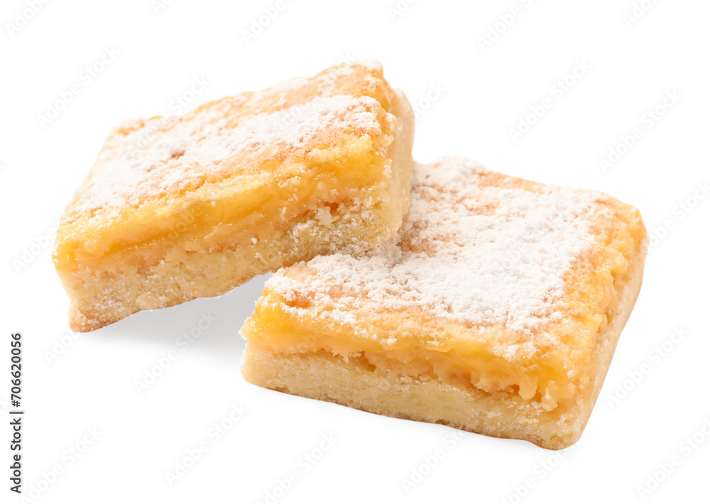 Tasty lemon bars with powdered sugar isolated on white Tasty lemon bars with powdered sugar isolated on white