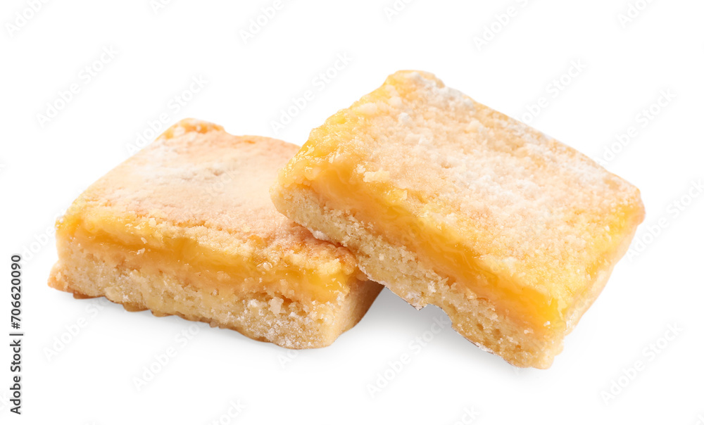 Tasty lemon bars with powdered sugar isolated on white Tasty lemon bars with powdered sugar isolated on white