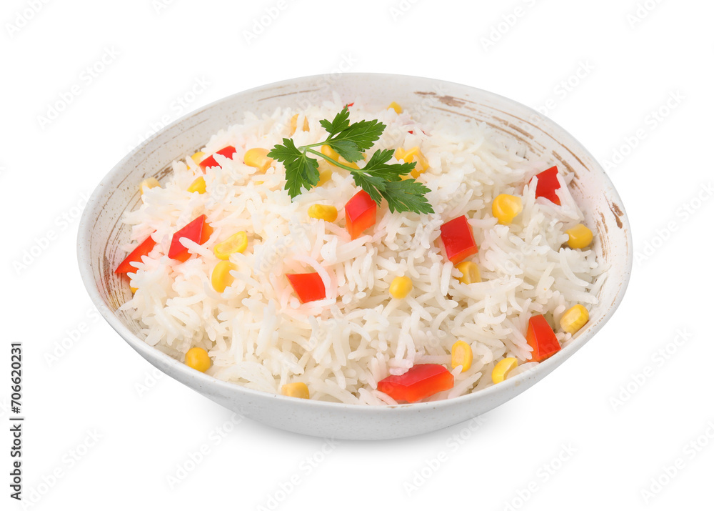 Delicious rice with vegetables and parsley isolated on white