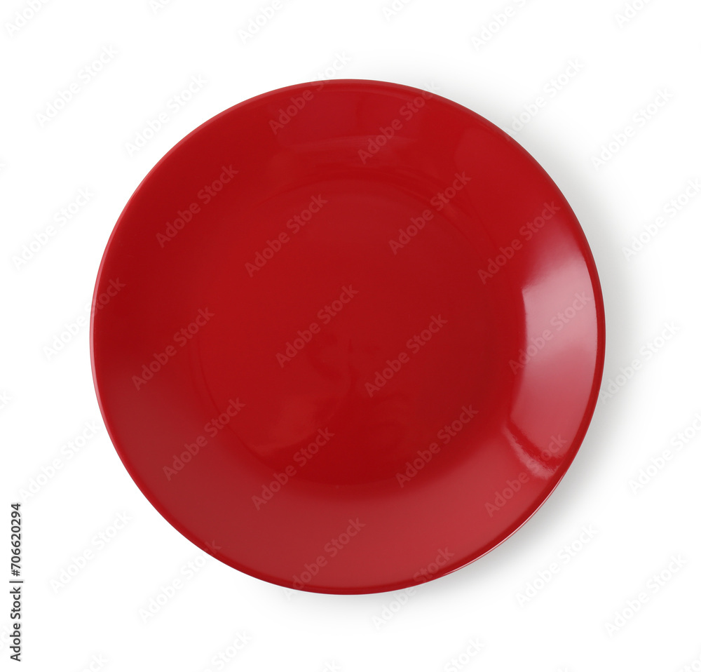 One red ceramic plate isolated on white, top view One red ceramic plate isolated on white, top view