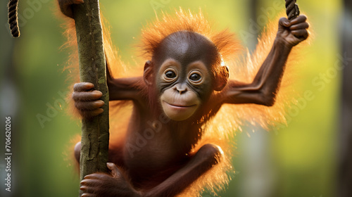 Baby orangutan swinging in tree  AI Generative.
