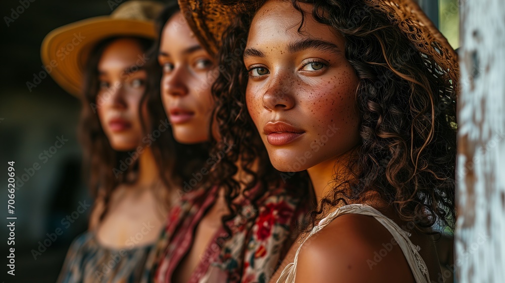 Obraz premium Group of beautiful different ethnicity women. Multi ethnic beauty and friendship. Portrait of diverse group of natural beautiful women