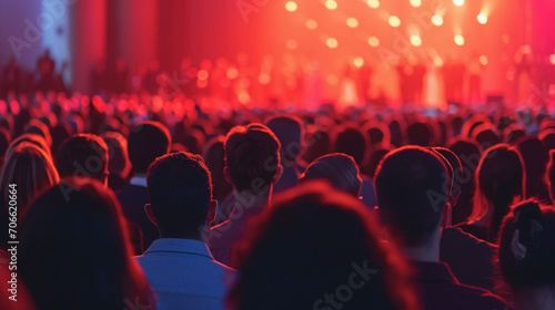 An uplifting moment where the whole church conference audience stands in unison, Church Conference, blurred background, with copy space