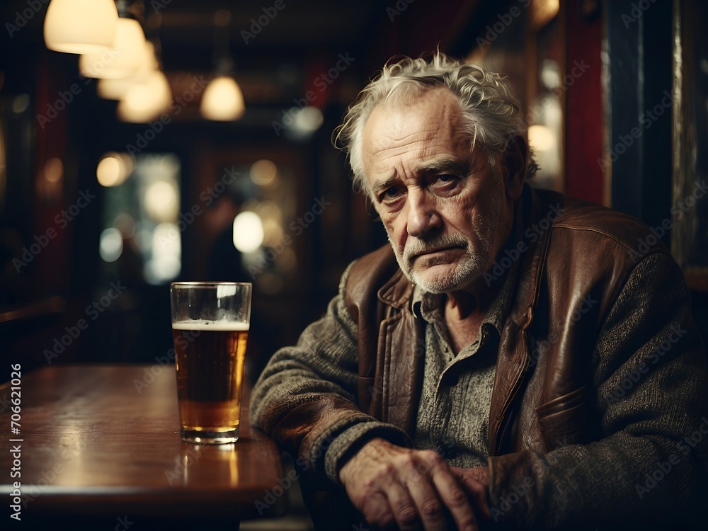 Alter einsamer Mann ist traurig in der BAr und trinkt sein Bier