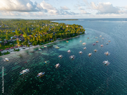 Philippines Aerial View. Tropical Island Turquoise Blue Sea Water. Siargao Island, Philippines, Southeast Asia.