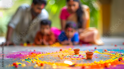 A family decorating their home with colorful rangoli for Gudi Padwa  Gudi padwa  blurred background  with copy space