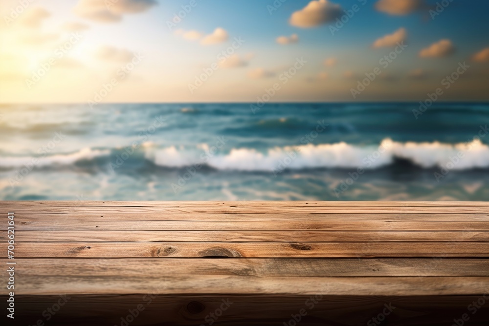 The empty wooden table top with blur background of beach