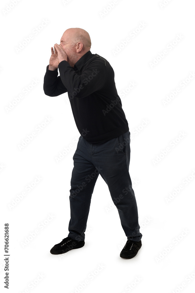 side view of a standing man who is screaming on white background side view of a standing man who is screaming on white background