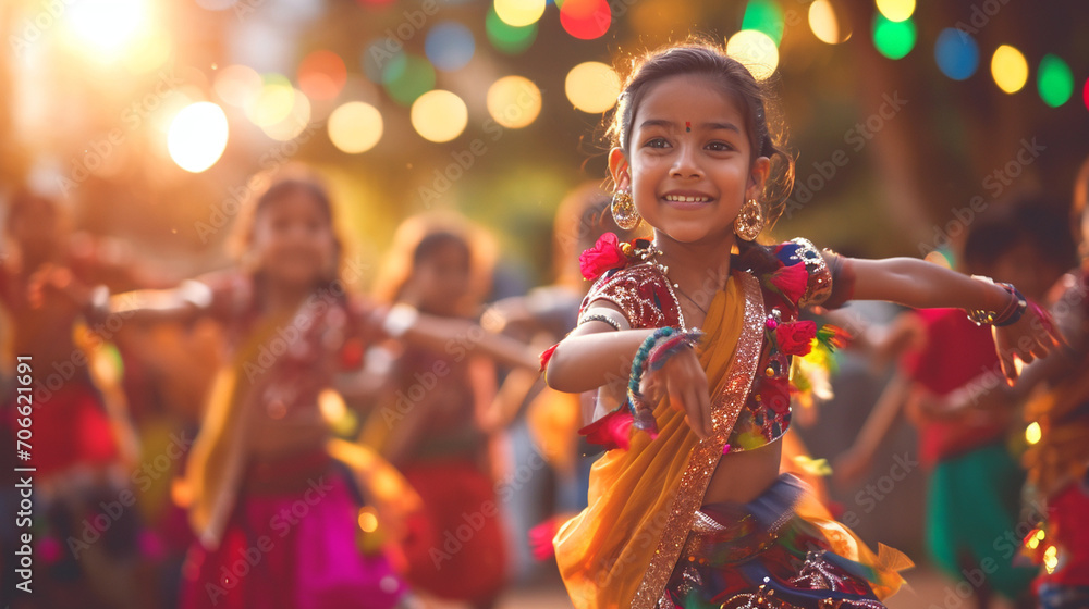 Obraz premium A group of children in traditional attire dancing during Navratri, Navratri, blurred background, with copy space
