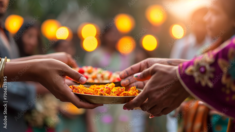 People sharing sweets and snacks during Holika Dahan, Holika Dahan, blurred background, with copy space
