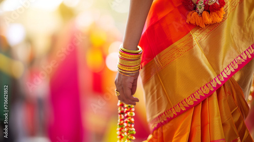 Traditional Maharashtrian attire being worn on Gudi Padwa, Gudi padwa, blurred background, with copy space