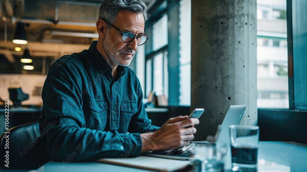 Mature man is sitting at a table in a dimly lit office space, focused on his smartphone with a laptop open in front of him Mature man is sitting at a table in a dimly lit office space, focused on his smartphone with a laptop open in front of him