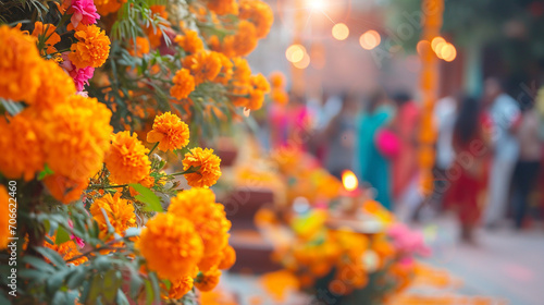 Devotees gathering at a temple adorned with marigolds on Hanuman Jayanti, Hanuman Jayanti, blurred background, with copy space