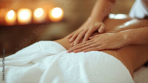 close-up of a therapist hand massaging woman s back with hot towel in spa   