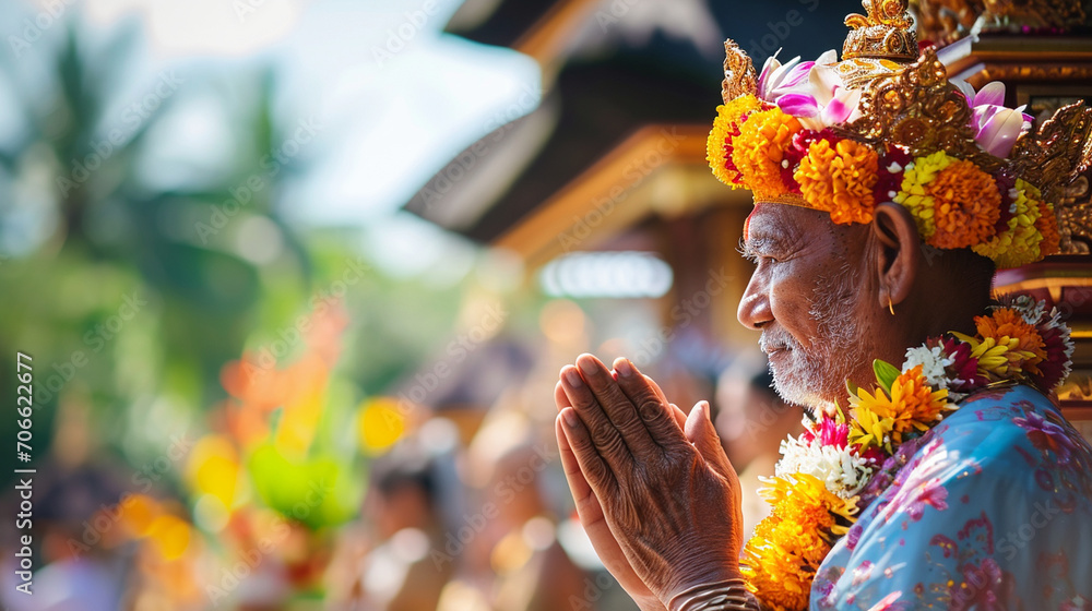 A traditional Balinese priest blessing devotees on Hanuman Jayanti, Hanuman Jayanti, blurred background, with copy space