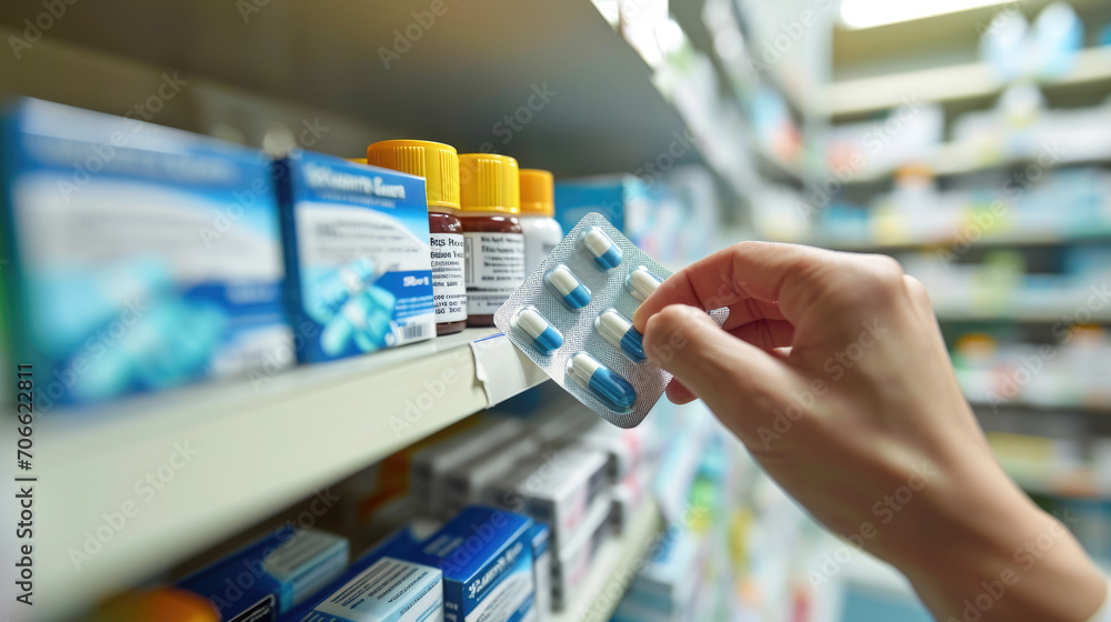 Hands of a pharmacist or healthcare professional holding a blister pack of capsules in front of a pharmacy shelf stocked with various medications