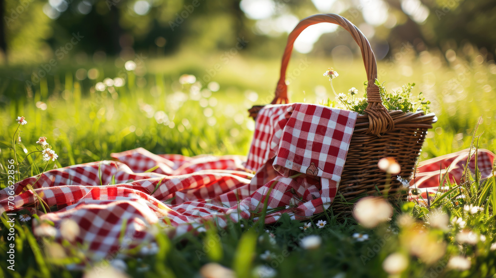 Wicker picnic basket with a red and white checkered cloth on it, set on a grassy field with dappled sunlight filtering through the trees. Wicker picnic basket with a red and white checkered cloth on it, set on a grassy field with dappled sunlight filtering through the trees.