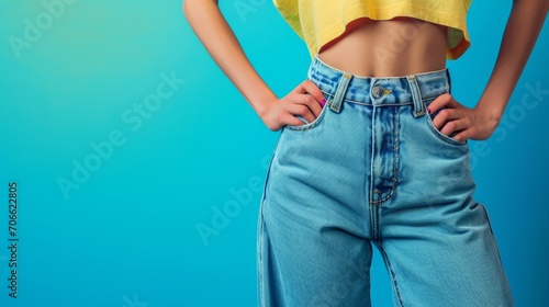 cropped of slender woman wearing huge jeans collage 