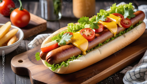 juicy delicious hot dog with tomato, lettuce and fried sausage