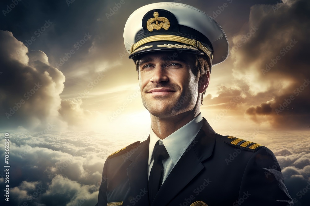 Steadfast Male captain airplane at sunset. Uniform officer. Generate Ai Steadfast Male captain airplane at sunset. Uniform officer. Generate Ai